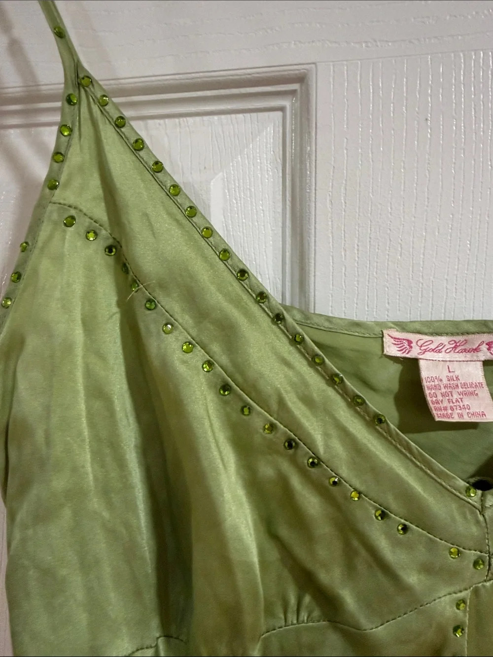 Vintage Gold Hawk Y2K Lime Green 100% Silk Beaded Cami Top - L_6